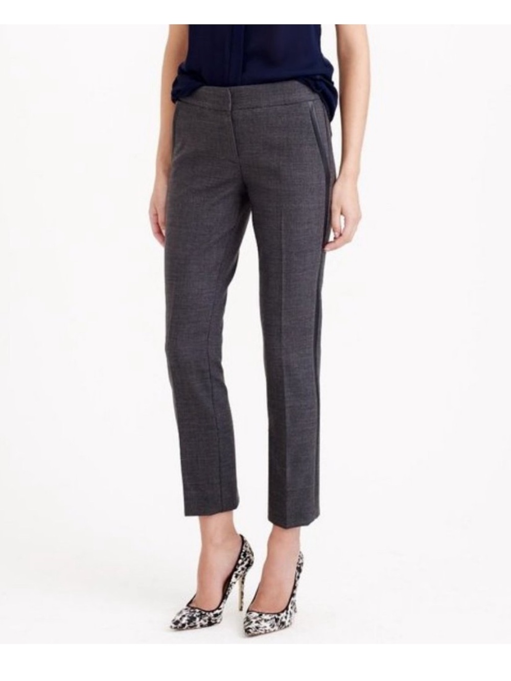 J Crew Campbell Capri Pants in bi-stretch wool leather tuxedo stripe size 2 Gray
